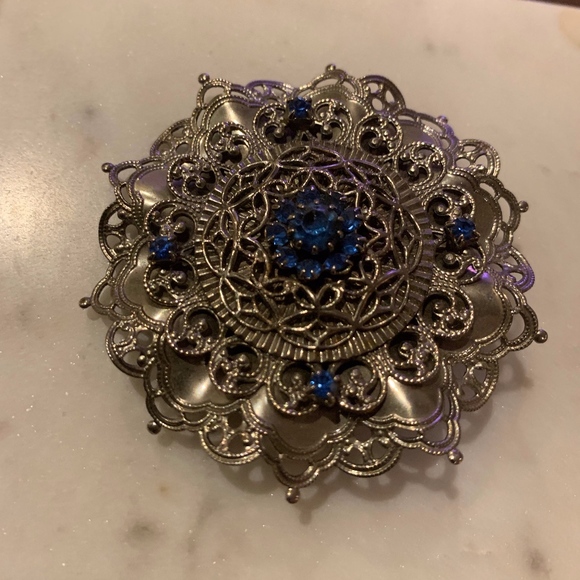 Faux Sapphire and Silver/pewter-tone Brooch - Picture 1 of 4